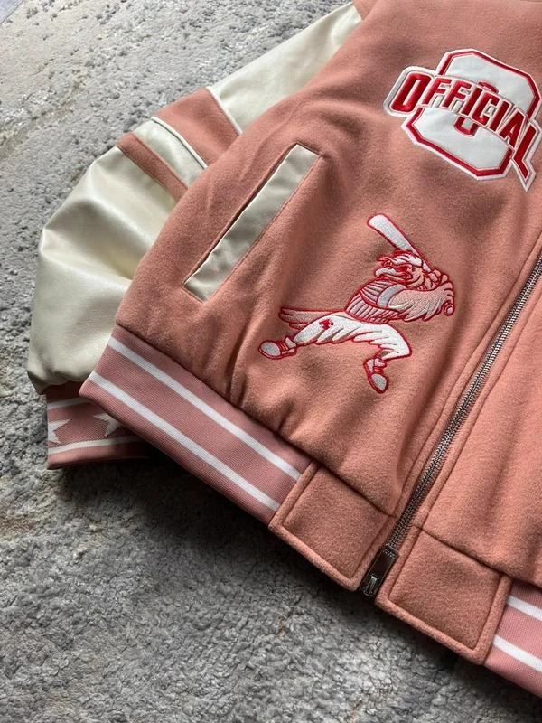 Chaqueta Varsity vintage Y2K rosa beige bordada con doble cremallera talla S – photo 7
